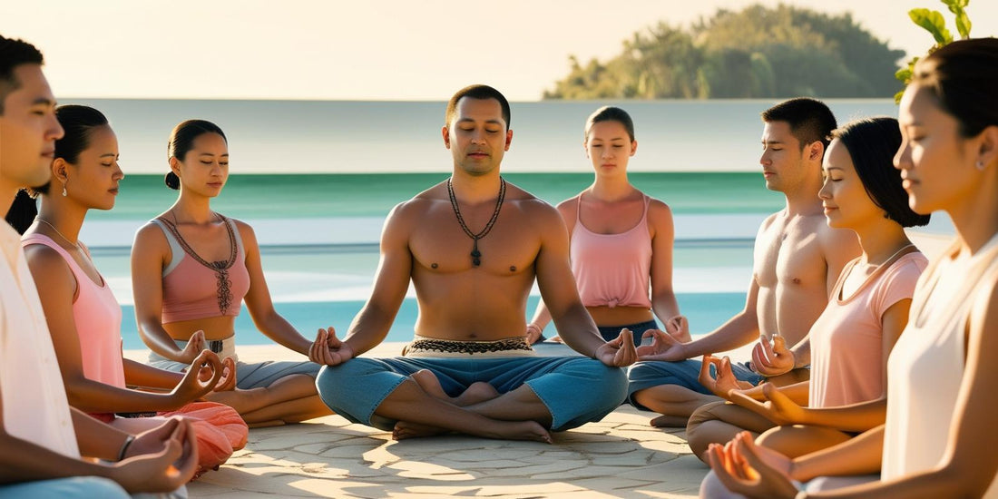 Group of people meditating on beach that is calm and serene at sunset