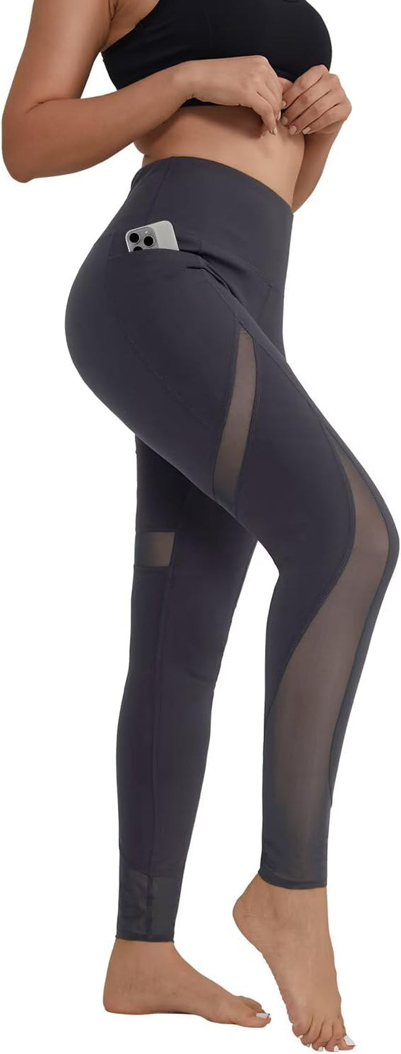 ALONG FIT Women'S Mesh Yoga Leggings with Side Pockets Tummy Control Workout Running Capris High Waist Yoga Pants