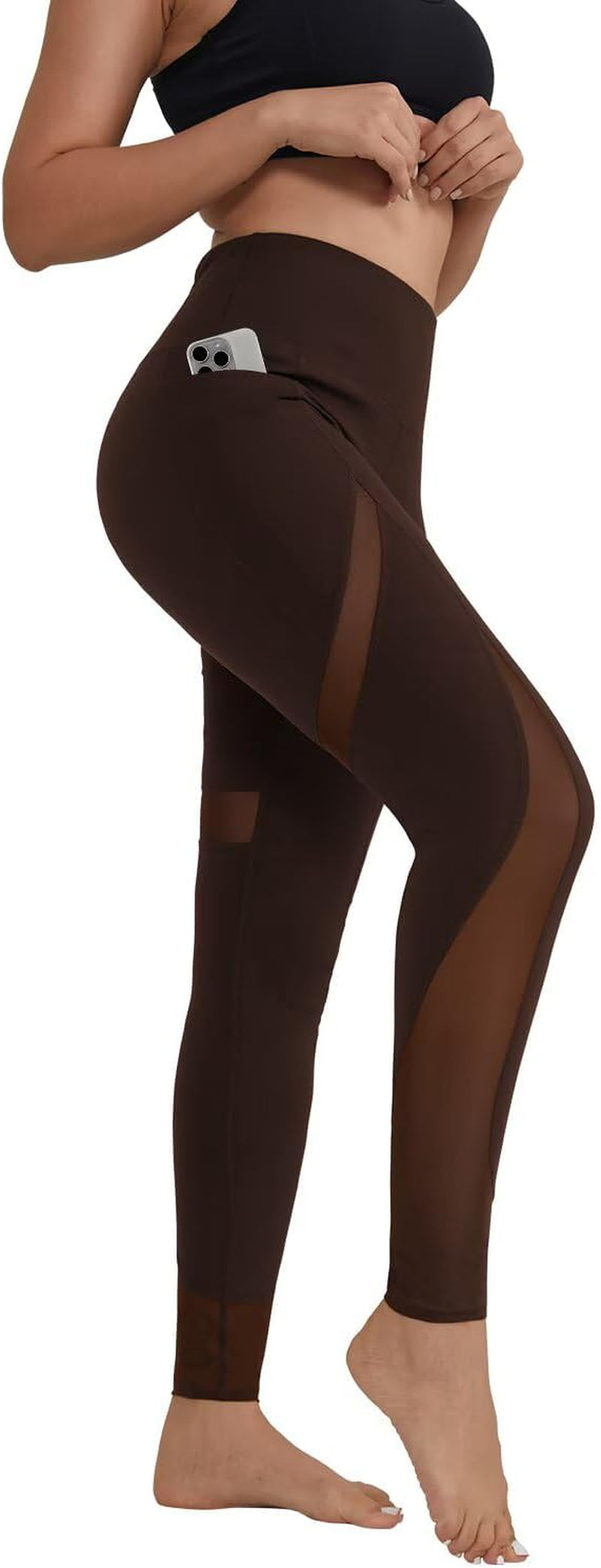 ALONG FIT Women'S Mesh Yoga Leggings with Side Pockets Tummy Control Workout Running Capris High Waist Yoga Pants