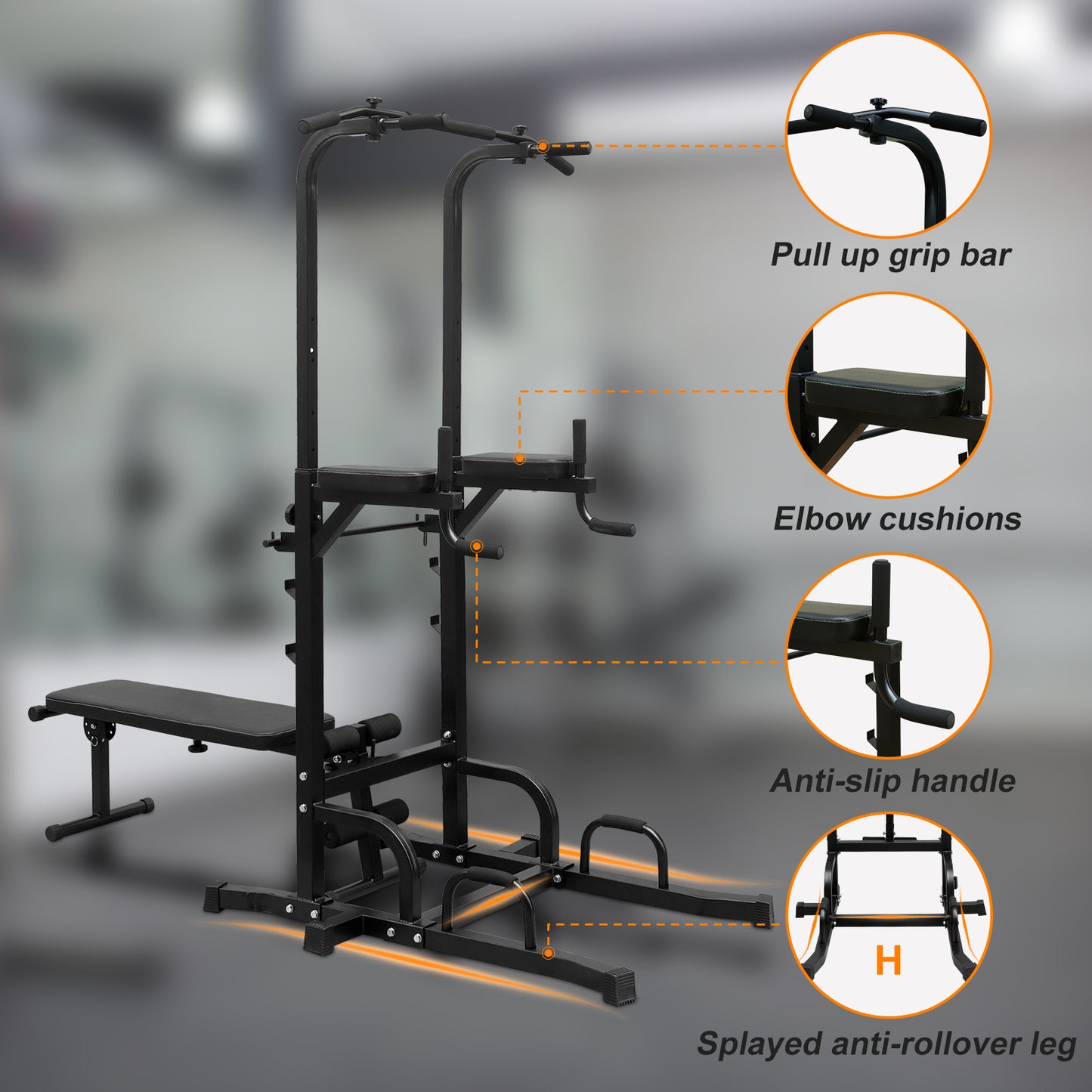 🏋️ Power Tower Parallel Bar Station – Full-Body Strength Training with Chin-Up Bar & Bench