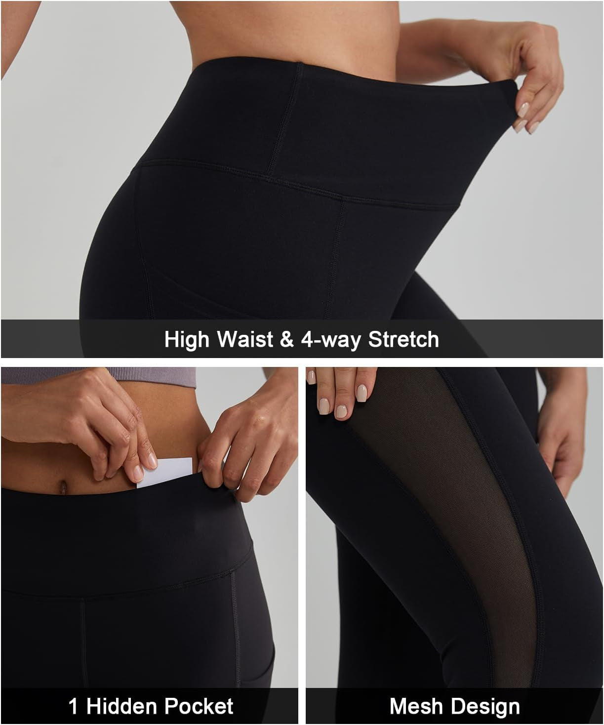 ALONG FIT Women'S Mesh Yoga Leggings with Side Pockets Tummy Control Workout Running Capris High Waist Yoga Pants