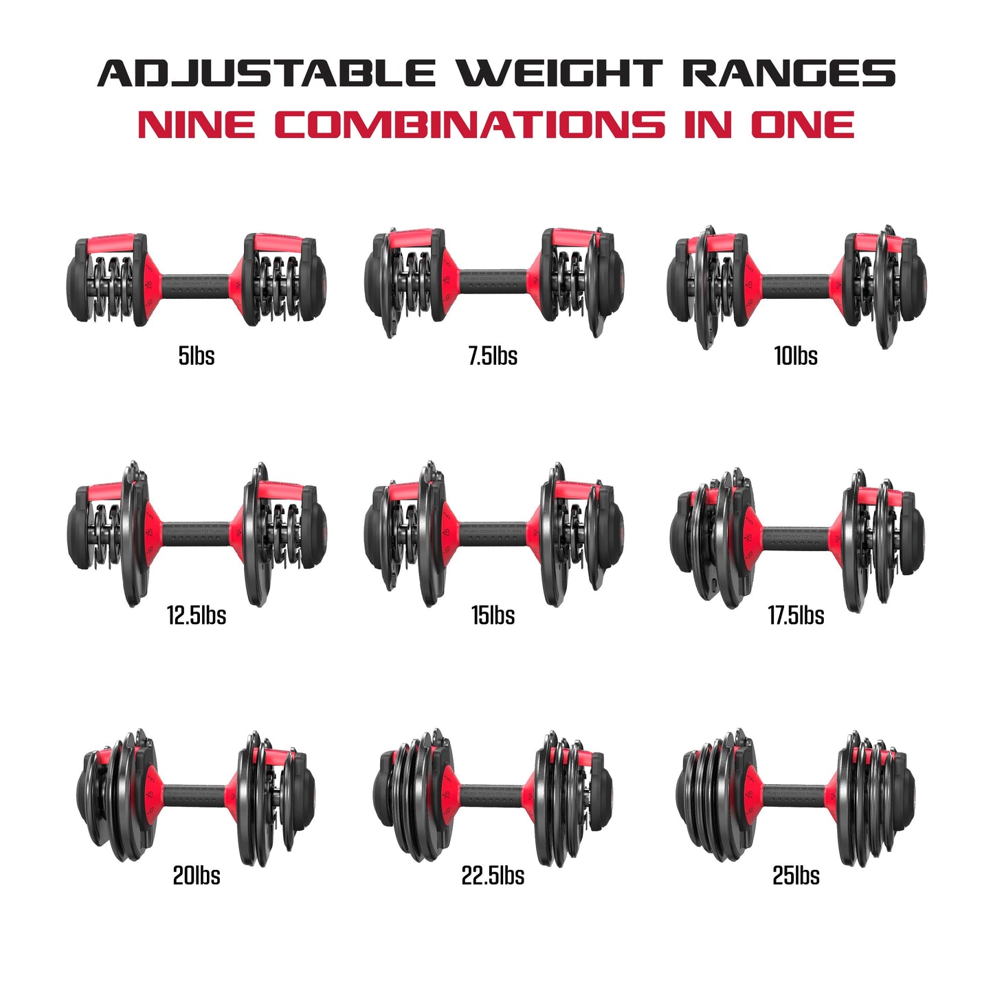 Fitrx Smartbell, Quick-Select 9 in 1 Adjustable Dumbbell for Home Gym, 5-25Lbs.