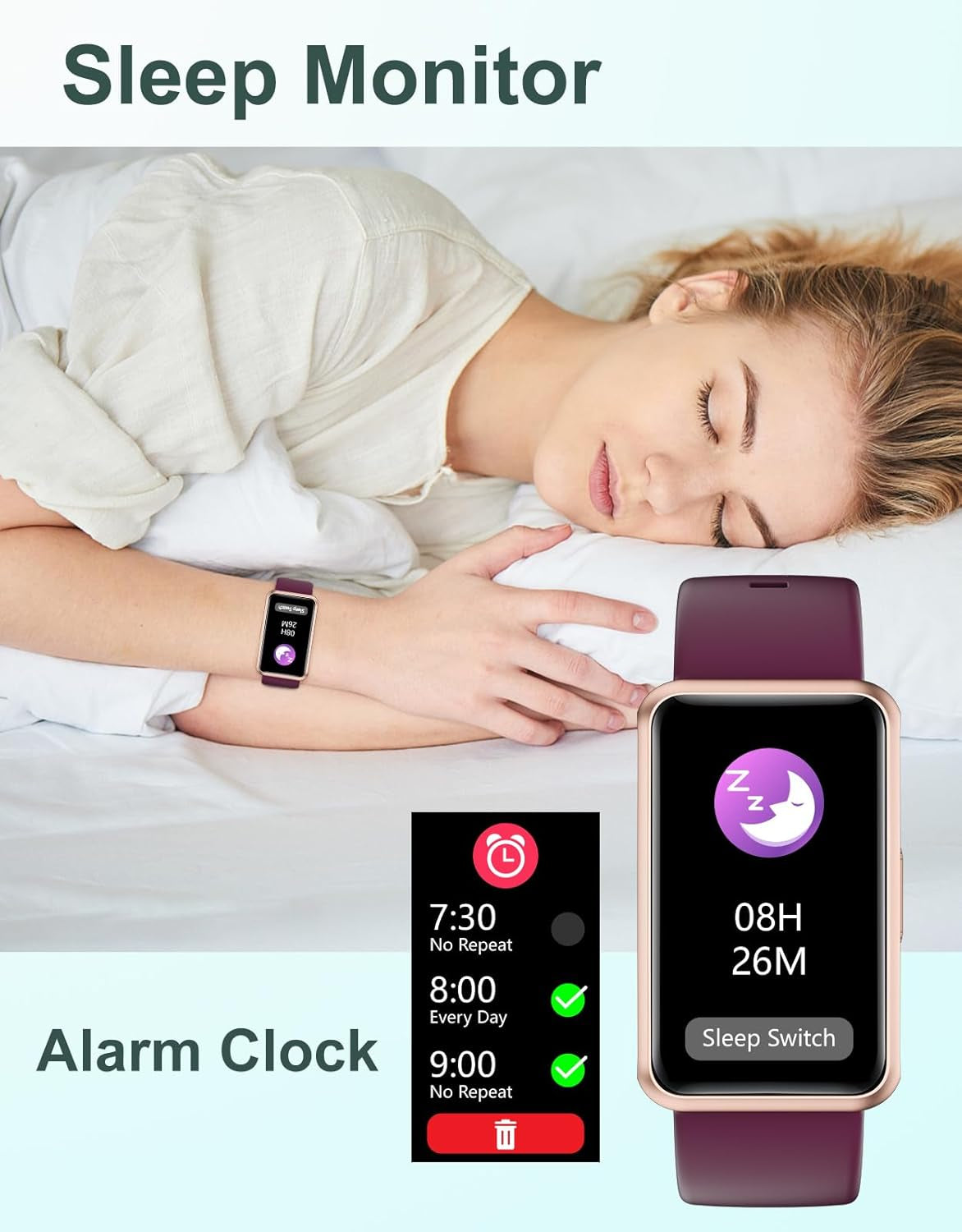 IP68 Waterproof with Full Touch Screen Steps Calories Counter Sleep Tracker Alarm Clocks (Purple)