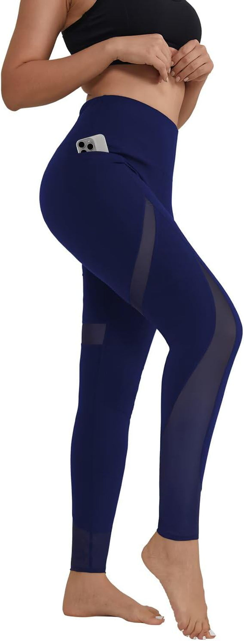 ALONG FIT Women'S Mesh Yoga Leggings with Side Pockets Tummy Control Workout Running Capris High Waist Yoga Pants
