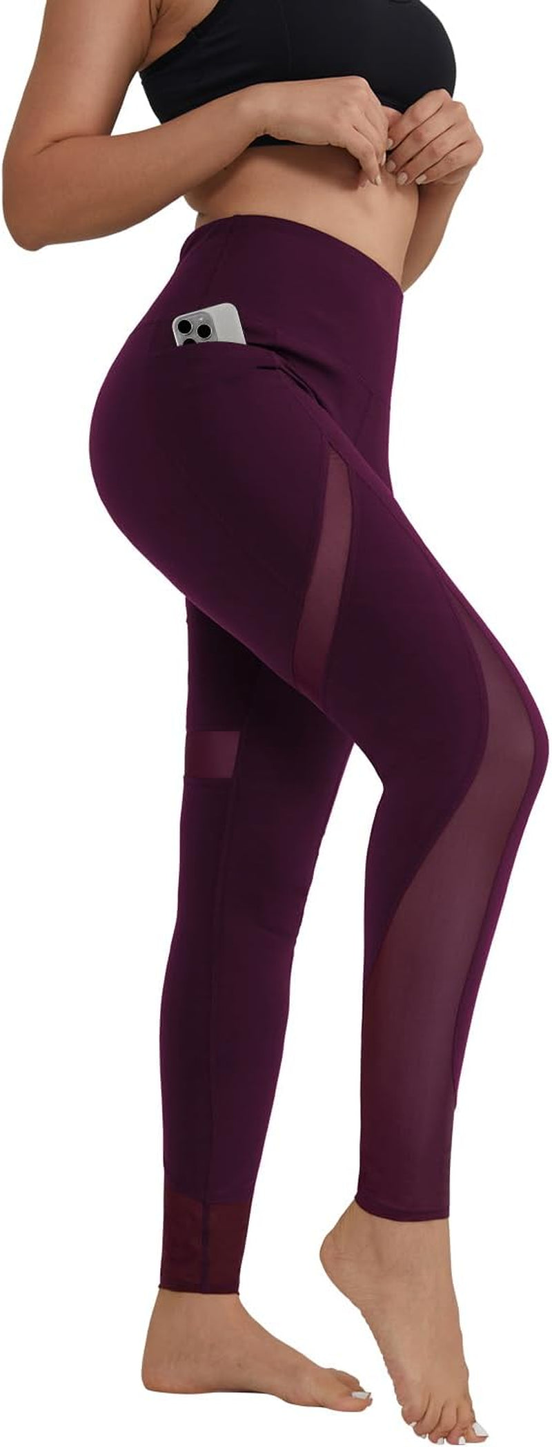 ALONG FIT Women'S Mesh Yoga Leggings with Side Pockets Tummy Control Workout Running Capris High Waist Yoga Pants