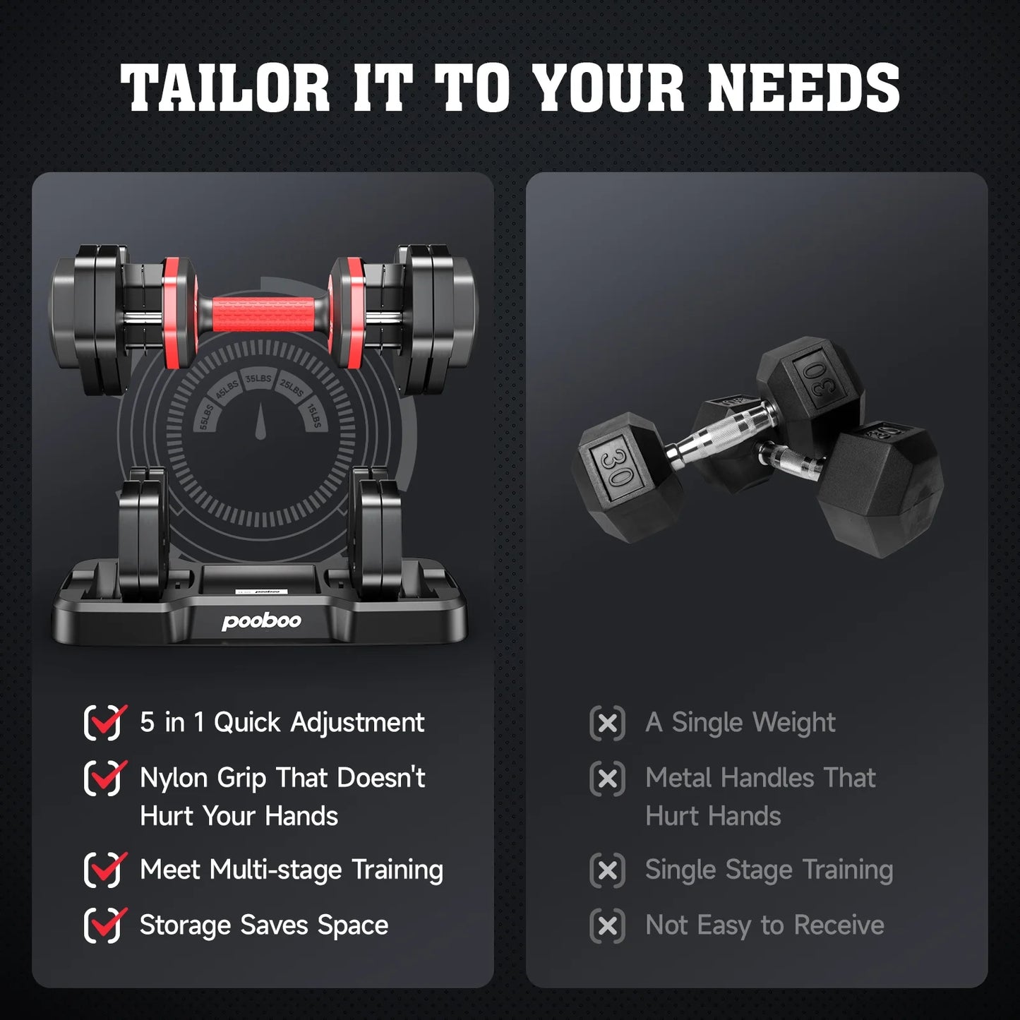 LNOW Adjustable Dumbbells with High Quality Tray 15Lb to 55Lb