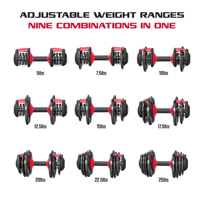 Fitrx Smartbell,  Quick-Select 9 in 1 Adjustable Dumbbell for Home Gym, 5-25Lbs. 