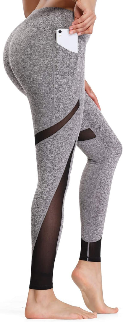 ALONG FIT Women'S Mesh Yoga Leggings with Side Pockets Tummy Control Workout Running Capris High Waist Yoga Pants